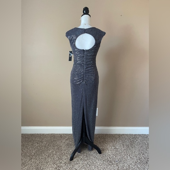 X BY XSCAPE | Gunmetal Gray Sequin Draped Neck Open Back Gown - Picture 6 of 11